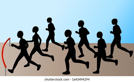 Silhouettes of running people. Vector illustration. 
Women and men run to keep fit. Sports competitions in running. Homestretch. Flat characters isolated on a white background.