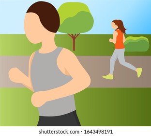Silhouettes of running people. Vector illustration.
A woman and a man run to keep fit. People run in nature, in the Park. Flat characters isolated on a white background.