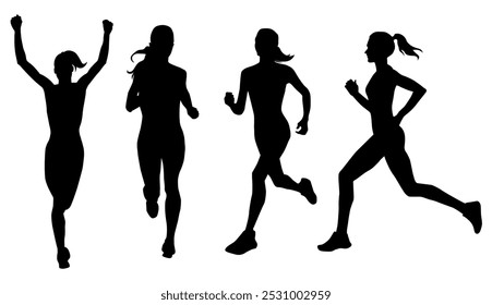 Silhuetas, Corrida de mulheres Silhuetas, Atlético, Coleção, Silhueta de esporte, Sprint, Correr, Sprinter, Ganhar, Estilo de vida, Maratona, Ilustração de vetor	