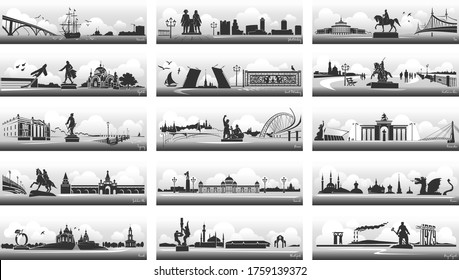 Silhouettes of Russian cities, sights, monuments and architecture. Set black and white horizontal banners.