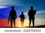 Silhouettes of russian soldiers on background of sunset with the Russian flag. Military recruitment concept. EPS10 vector