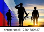 Silhouettes of russian soldiers on background of sunset with the Russian flag. Military recruitment concept. EPS10 vector