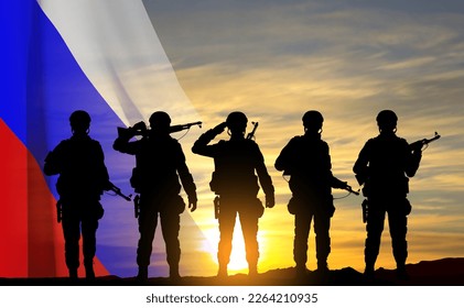 Silhouettes of russian soldiers on background of sunset with the Russian flag. Military recruitment concept. EPS10 vector