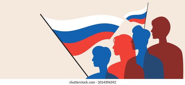 Silhouettes of Russians, copy space template. Color vector stock illustration. People with the flag of Russia. Citizens are patriots. Overlay template. Illustration with place for text