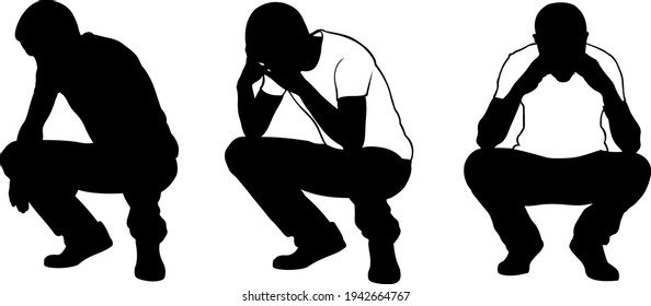 silhouettes of sad crouching men 