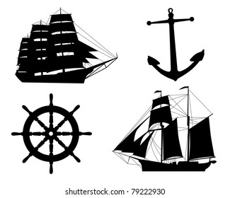 silhouettes of sailboats,  anchors  and steering wheel on a white background