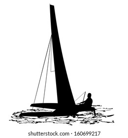 Silhouettes of sailing catamaran. Vector illustration