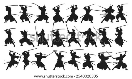 Silhouettes of samurai warriors practicing various sword-fighting stances and techniques.