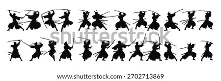 silhouettes of samurai warriors practicing various
