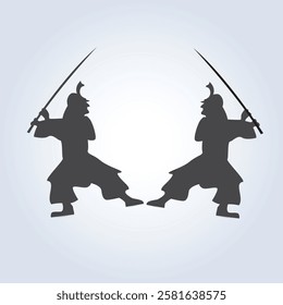 Silhouettes of samurai with weapons in attack, samurai warrior with a sword