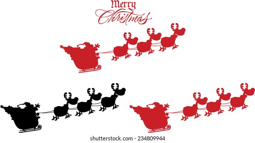 Silhouettes Of Santa Claus In Flight With His Reindeer And Sleigh. Vector Collection Set