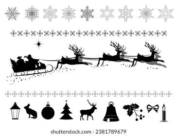 Silhouettes of Santa Claus with sleigh and reindeer, and christmas decorative elements. Vector illustration.