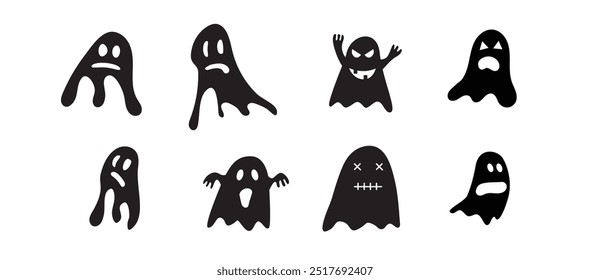 Silhouettes of Scary and Funny Ghosts Set. Halloween imaginary creatures vector art