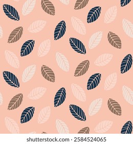 Silhouettes of scattered classic leaf shapes in a color palette of light pink, navy blue, sand brown and off white on bright peach background. A seamless vector pattern. Great for home decor, fabric.