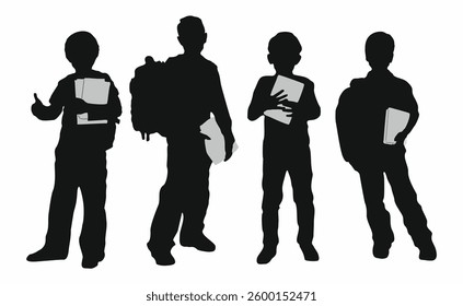 Silhouettes of school boys holding a book. The children are wearing backpacks and appear to be students. Black vector illustrations set isolated on white background