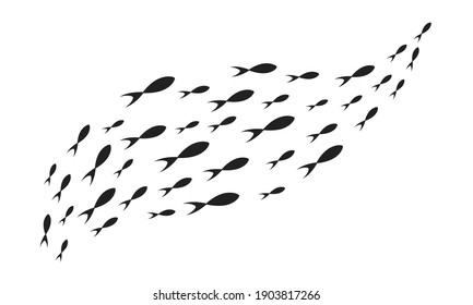 Silhouettes school of fish with marine life of various sizes swimming fish flat style design vector illustration. Colony of big and small sea animals.