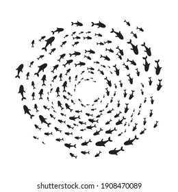 Silhouettes school of fish with marine life of various sizes swimming fish in the circle flat style design vector illustration. Colony of big and small sea animals.
