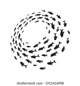 Silhouettes school of fish with marine life of various sizes swimming fish in the circle flat style design vector illustration. Colony of big and small sea animals.