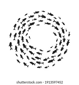 Silhouettes school of fish with marine life of various sizes swimming fish in the circle flat style design vector illustration. Colony of big and small sea animals.