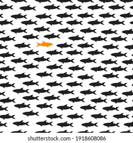 Silhouettes School Of Fish With Marine Life Of Various Sizes Swimming Fish Seamless Pattern Flat Style Design Vector Illustration. Colony Of Big And Small Sea Animals.