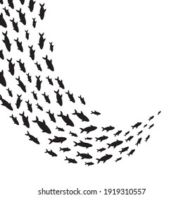 Silhouettes school of fish with marine life of various sizes swimming fish flat style design vector illustration. Colony of big and small sea animals.
