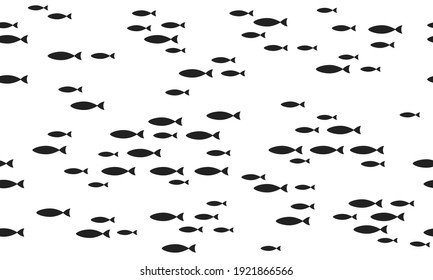 Silhouettes School Of Fish With Marine Life Of Various Sizes Swimming Fish Seamless Pattern Flat Style Design Vector Illustration. Colony Of Big And Small Sea Animals.