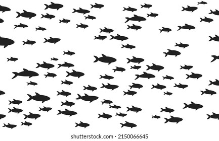 Silhouettes school of fish with marine life of various sizes swimming fish flat style design vector illustration. Colony of big and small sea animals.