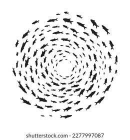 Silhouettes school of fish with marine life of various sizes swimming fish in the circle flat style design vector illustration. Colony of big and small sea animals.