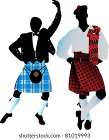 Silhouettes of the Scots in their national costumes on a white background