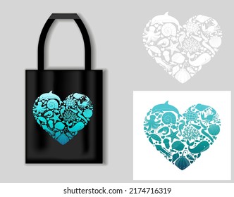 Silhouettes of sea animals in the shape of a heart for T-shirts, bags and other