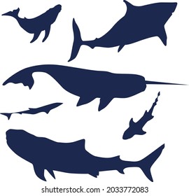 Silhouettes of sea animals: sharks, whales, fish