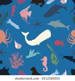 Silhouettes of sea creatures, seamless pattern