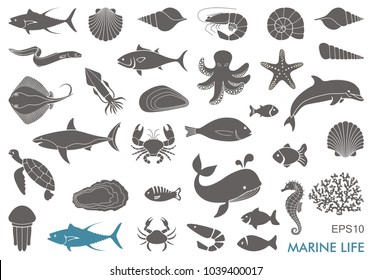 Silhouettes of sea inhabitants. Vector flat illustration