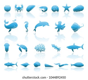 Silhouettes of sea inhabitants. Vector flat illustration