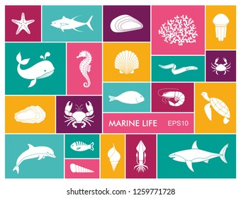 Silhouettes of sea inhabitants. Vector flat illustration