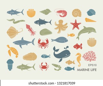 Silhouettes of sea inhabitants. Vector flat illustration