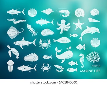 Silhouettes of sea inhabitants. Vector flat illustration on the Colorful background with defocused lights