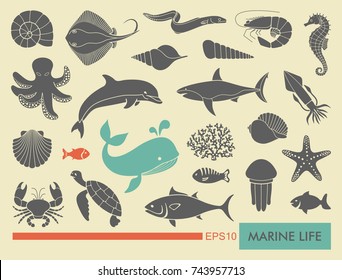 Silhouettes of sea inhabitants. Vector flat illustration