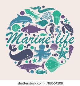 Silhouettes of sea inhabitants. Vector flat illustration