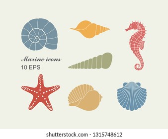 Silhouettes of sea shells, seahorse and starfish in flat style