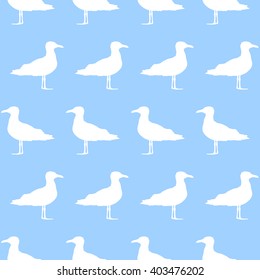 Silhouettes of seagulls wallpaper. Vector seamless pattern. White birds isolated on blue background. Summer illustration
