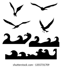 Silhouettes of seagulls and waves. Vector illustration set. Isolated black objects on white background.