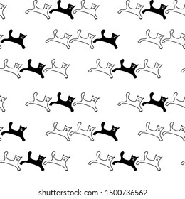 Silhouettes of seals running after each other, Hand drawn graphics, two-Color illustration, black and white, Vector seamless pattern.