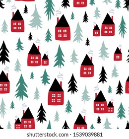 Silhouettes seamless pattern with cute cabins. Vector illustration