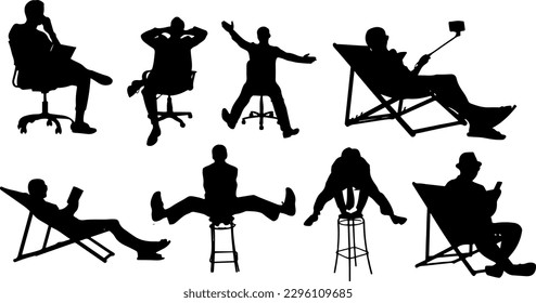 "Silhouettes of Seating: Un grupo de personas en varios puestos de presidente"
"Sillas creativas: Un conjunto de siluetas que muestran a la gente en poismos únicos sentados"
"Sentado en estilo: Silhouette Set de personas en Fashiona