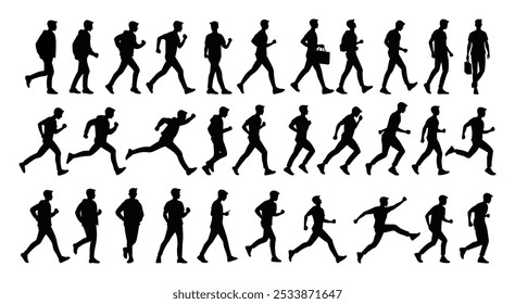 A Silhouettes set of boys people walking, jogging, and running in various poses, capturing motion and different stages of movement in casual clothing and carrying everyday items.