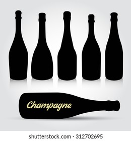 Silhouettes set champagne bottles with reflection. Vector icon