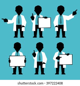 Silhouettes set. Character IT specialist, scientist, doctor, engineer. Set of different poses and gestures paying attention or point to anything. Vector illustration of a man in white coat. Flat style