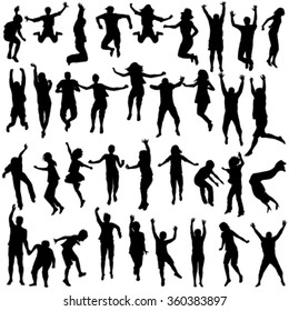 Silhouettes set of children and young people jumping