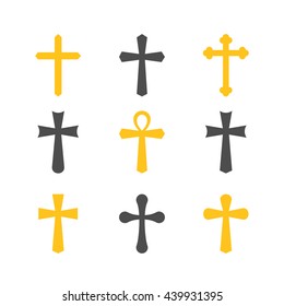 Silhouettes set of crosses. Different forms. Isolated on white background. Vector illustration.